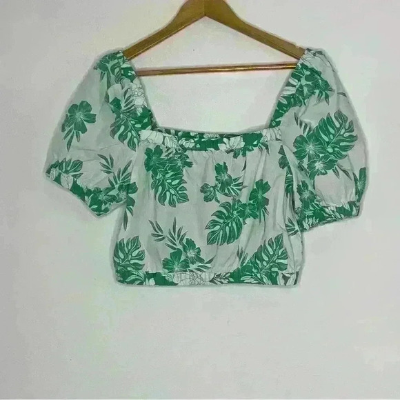 American Eagle Tropical Leaf Print Puff Sleeve Crop Top sz small - Picture 5 of 10